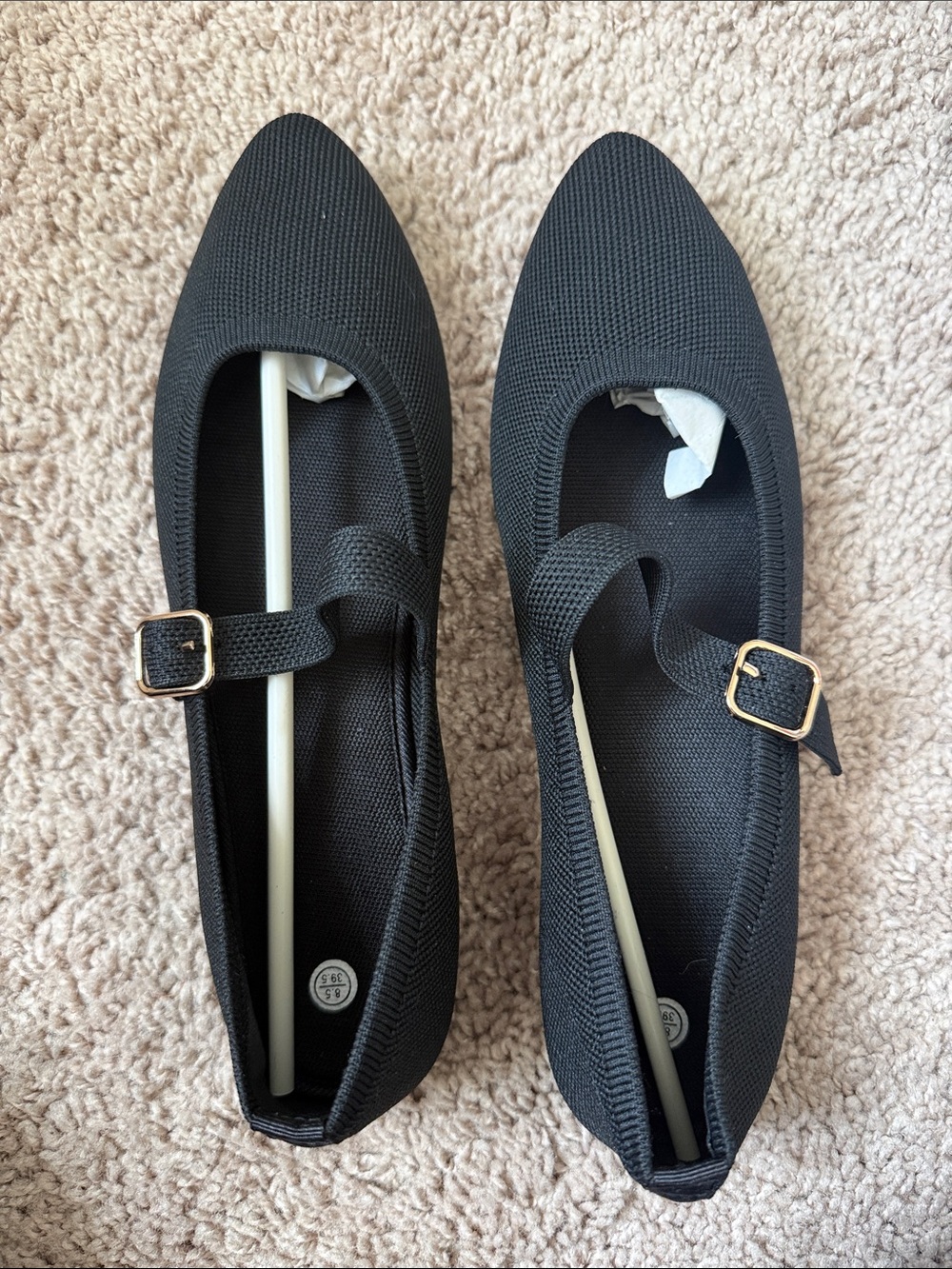 Black Mary Jane Knit Flats with Gold Buckle Pointed Toe